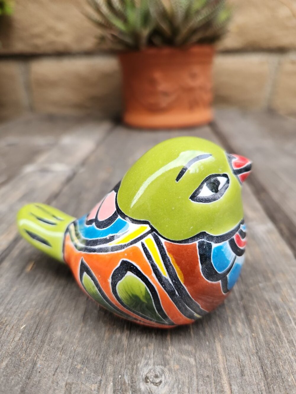 3.75" Talavera Gold Finch Bird Statue GREEN/BLUE/GREEN TAIL Garden Home Decor
